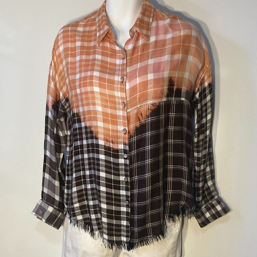 Angie SZ S Brown Plaid button front soft Distressed Western Ranch Rodeo